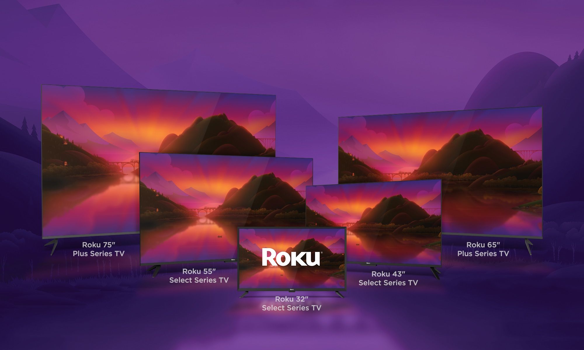 The Roku TV lineup with five different TVs of varying sizes