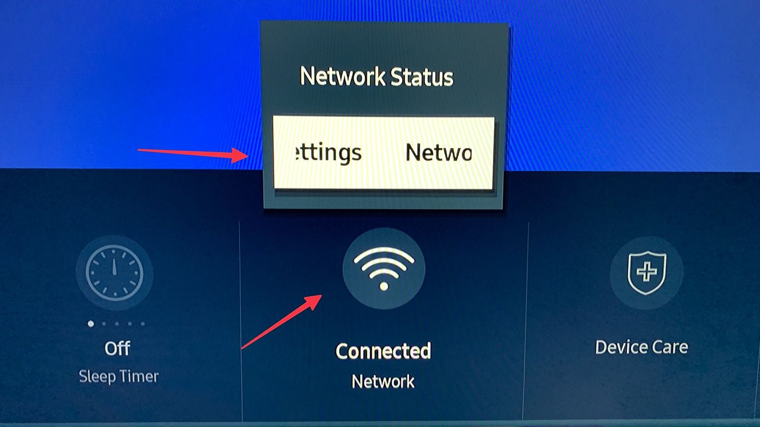 Samsung TV Network settings screen showing Wi-Fi connection status