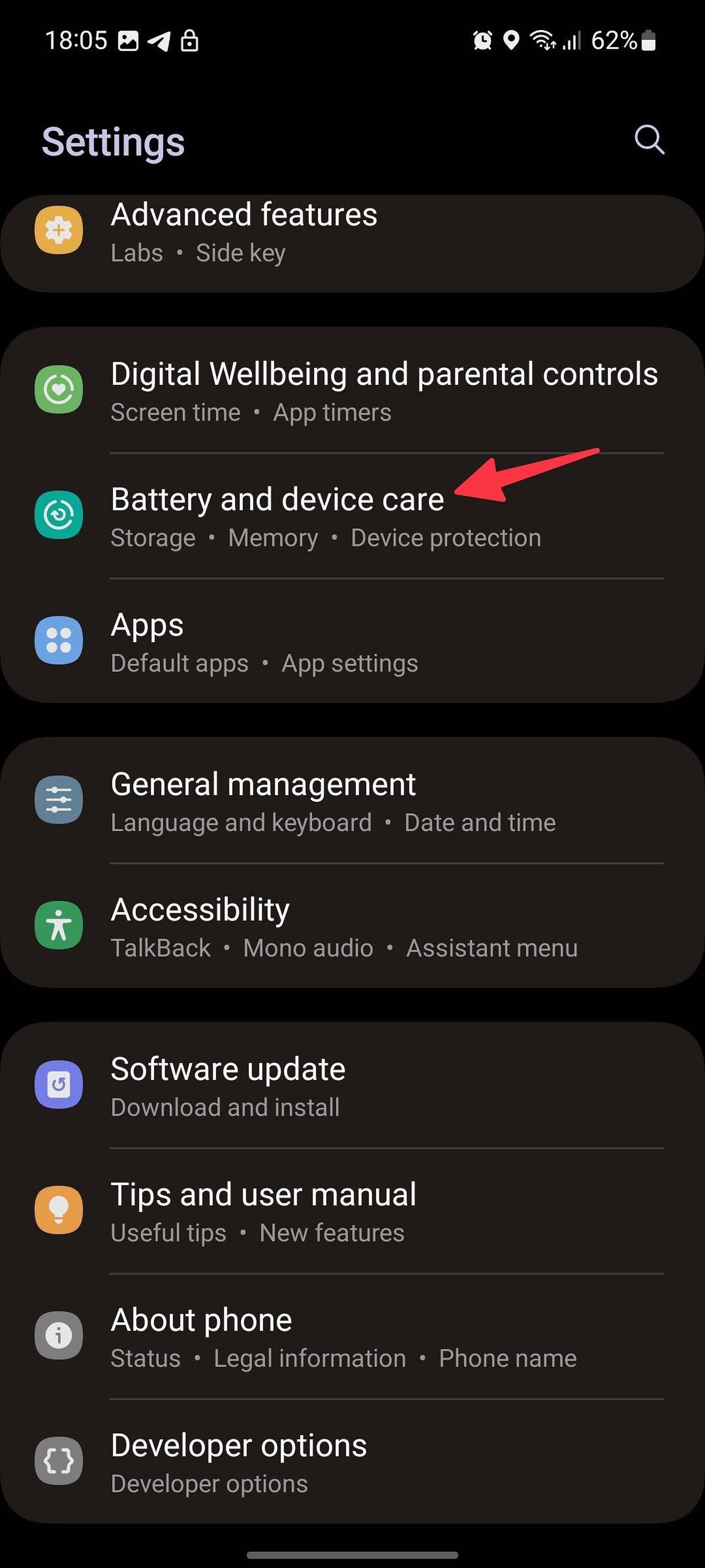 Battery and device care on Samsung phone