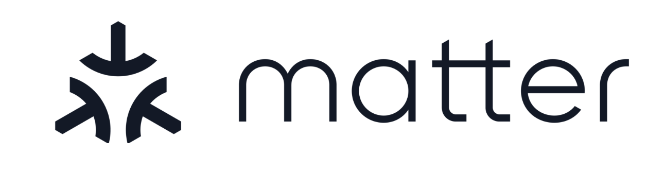 Three black, curved arrows pointing inward with the word "Matter" in lowercase next to the mark.