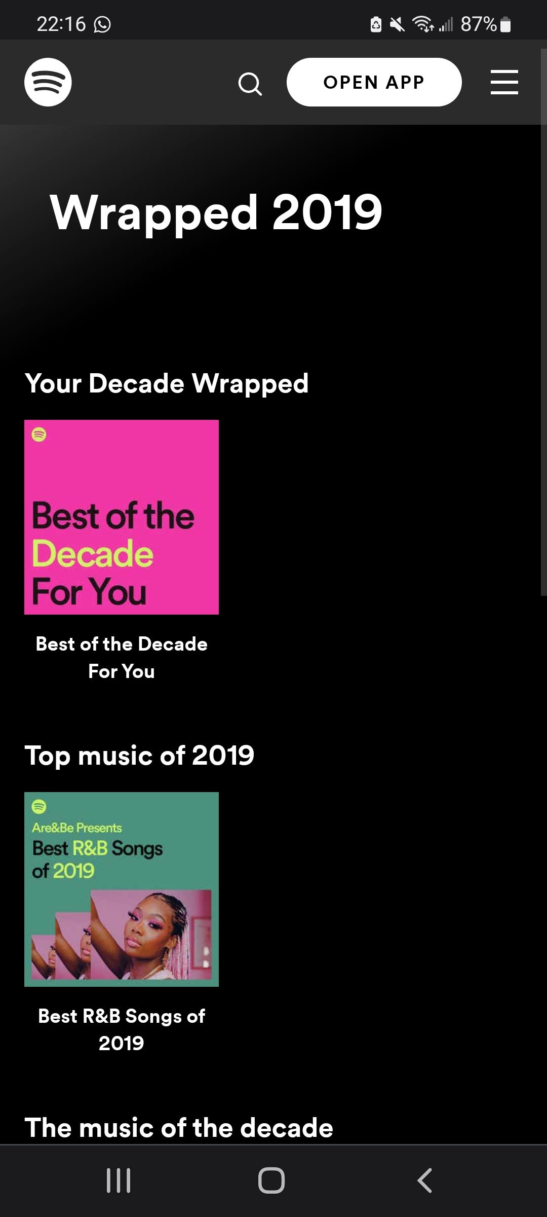 Screenshot of an Android browser showing the Spotify Wrapped 2019 internet page.