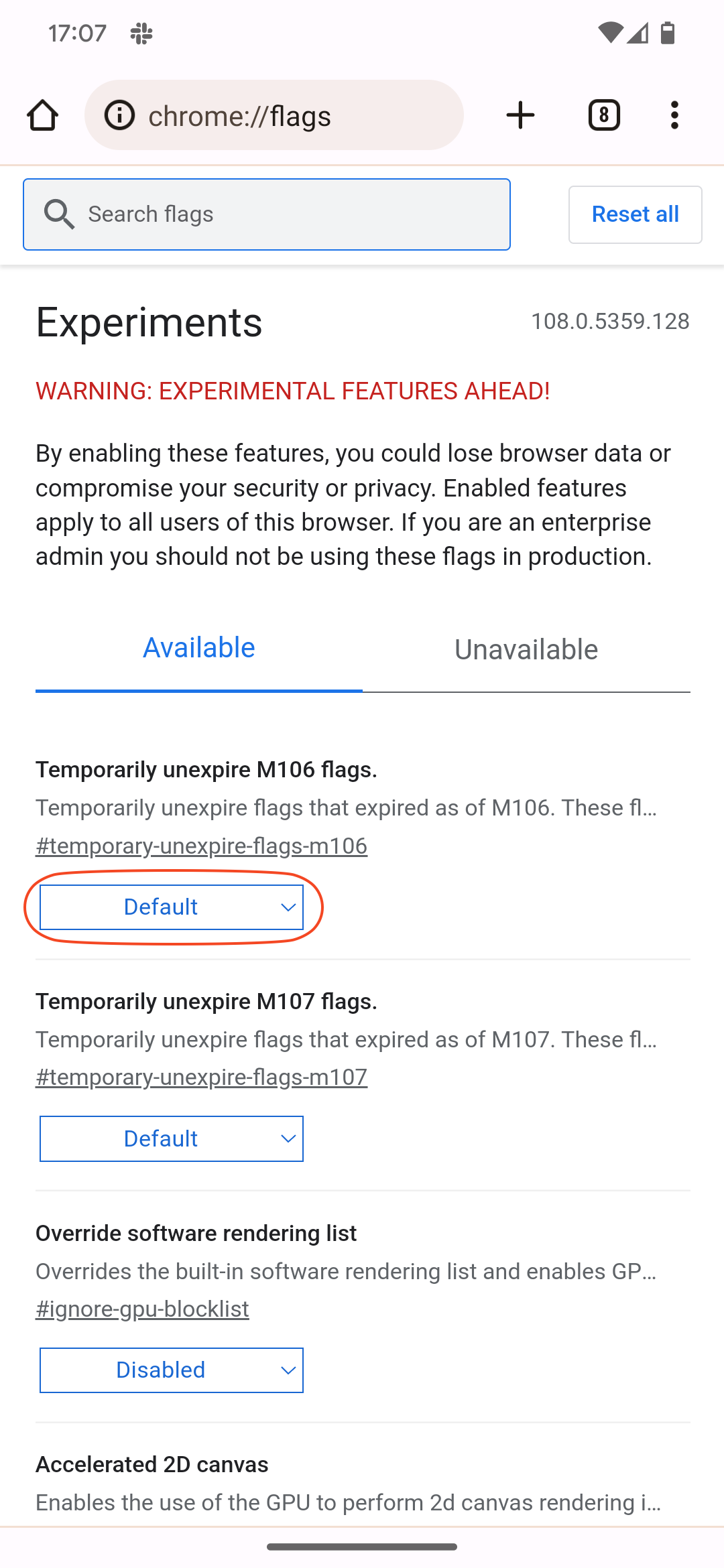 Chrome flags page showing the list of available experimental features 