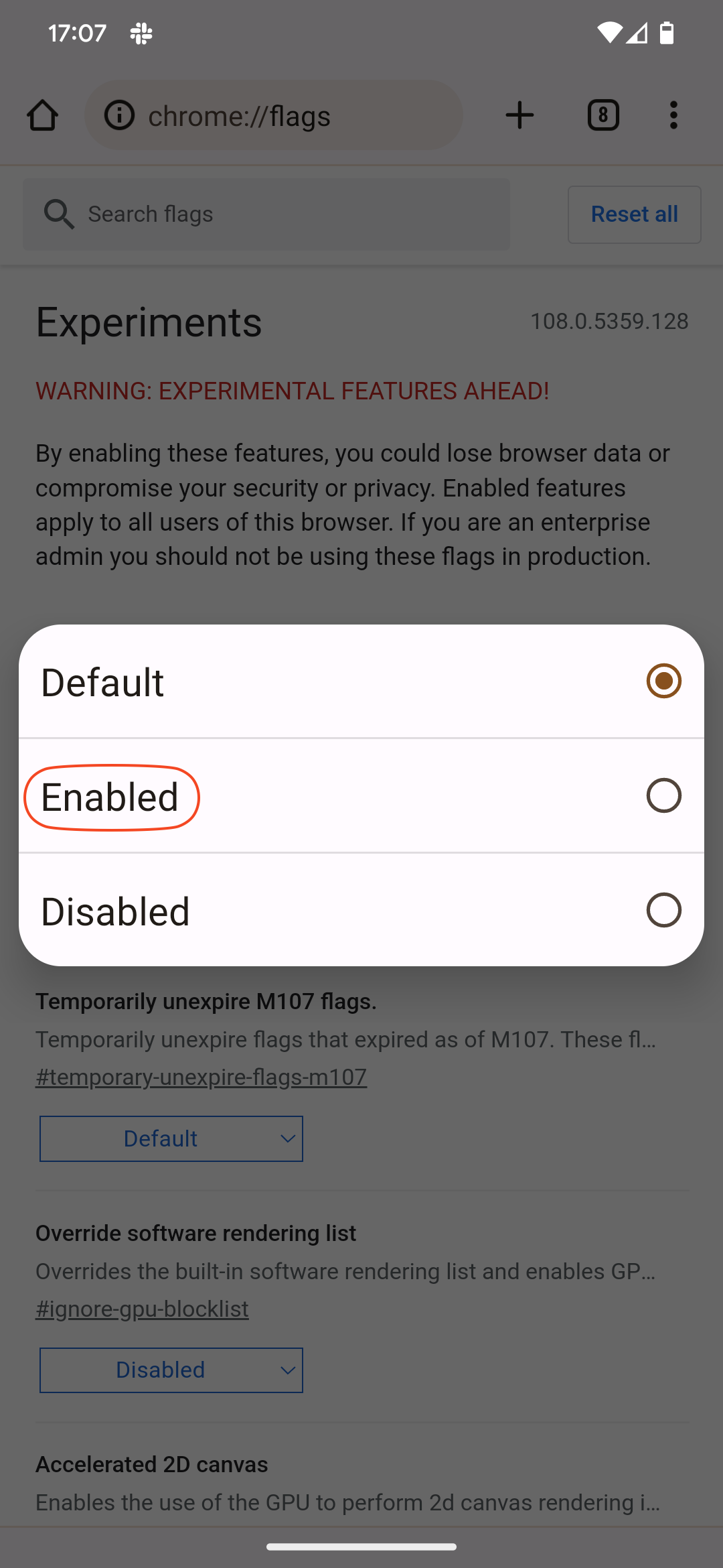 Enabling or disabling a flag in Chrome 