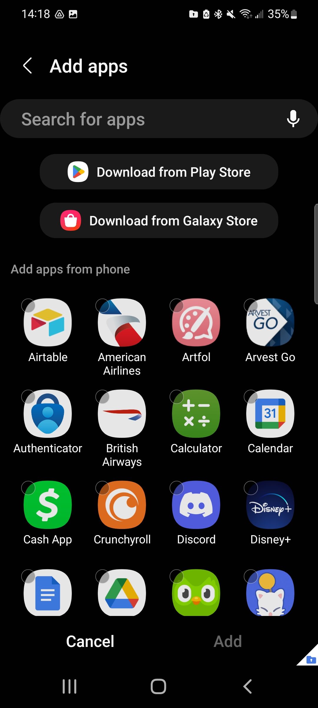 Screenshot of apps to add to Secure Folder.