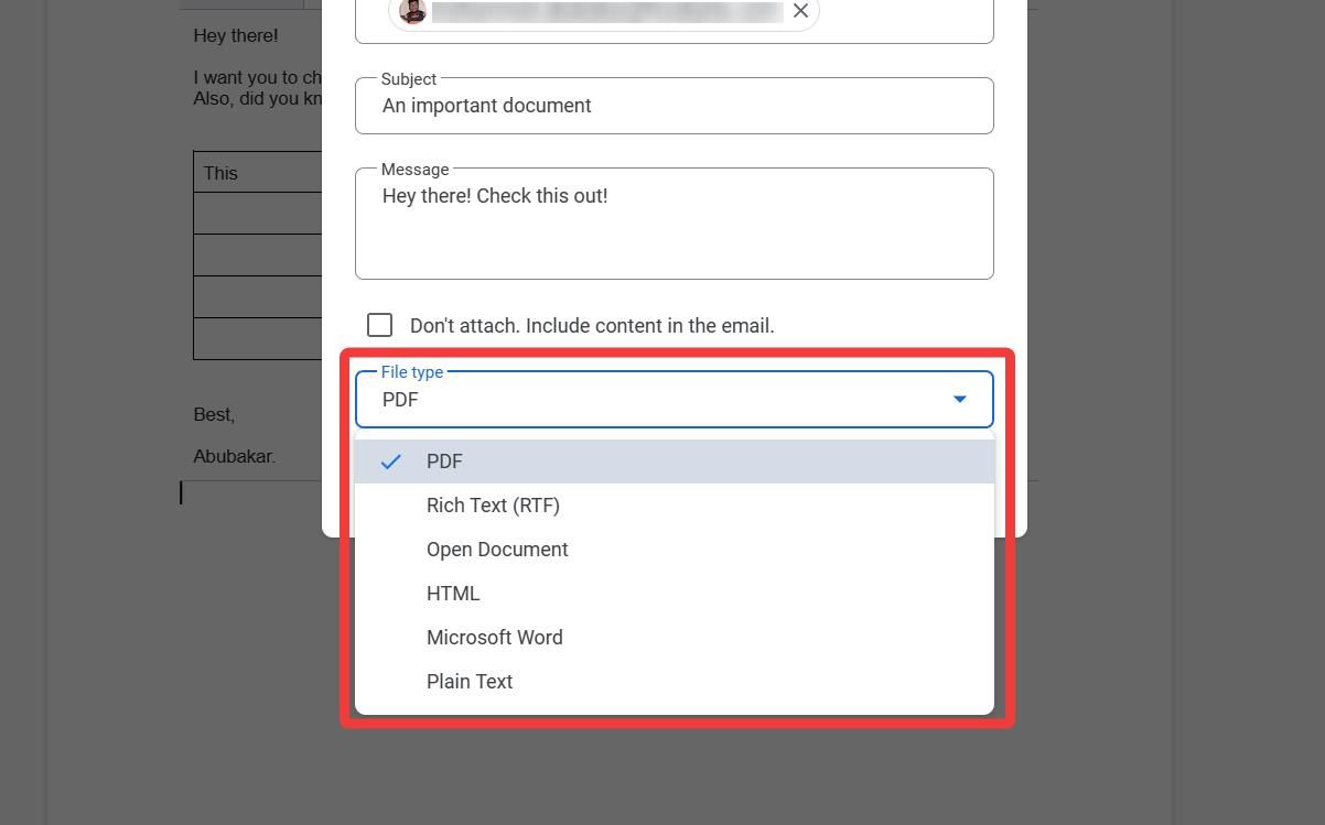 Screenshot illustrating the 'Email This File' prompt window, highlighting the sections for choosing file types like PDF, Word, HTML, etc.