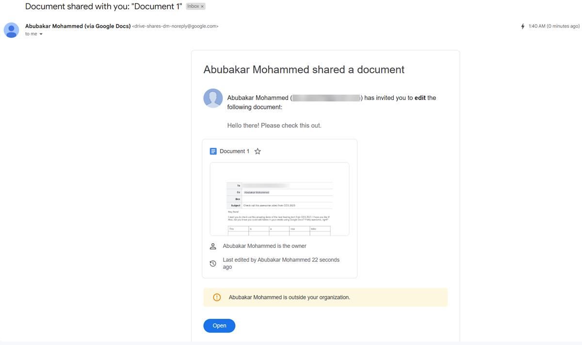Screenshot depicting the receiver's perspective of a shared document in Gmail, showing how it appears in their inbox.