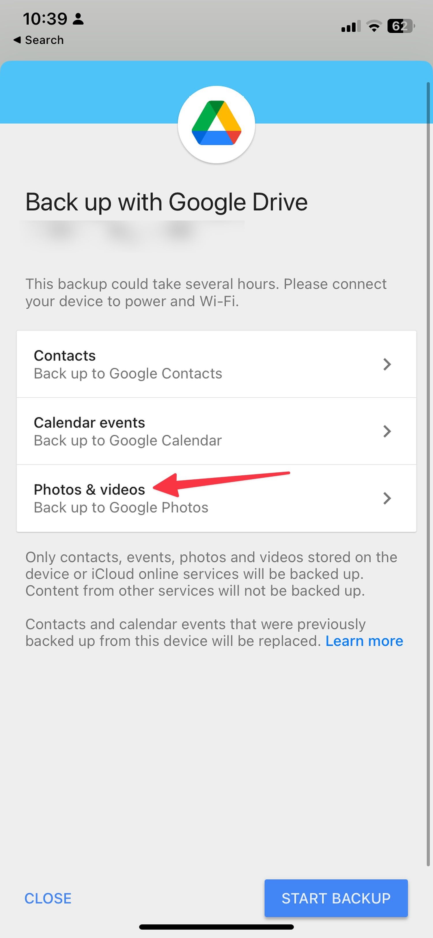 Turn on the Back up to Google Photos toggle switch.