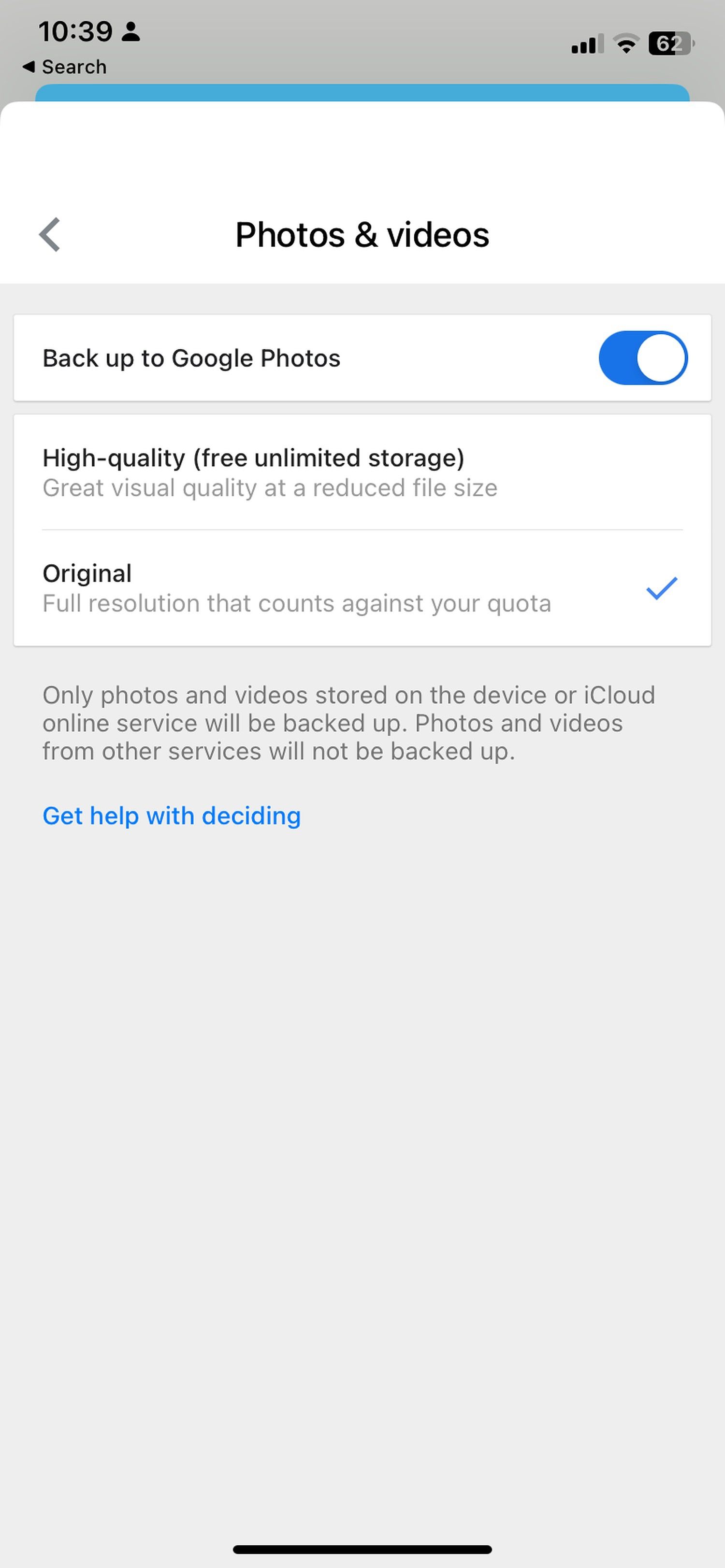 Choose an upload quality option.