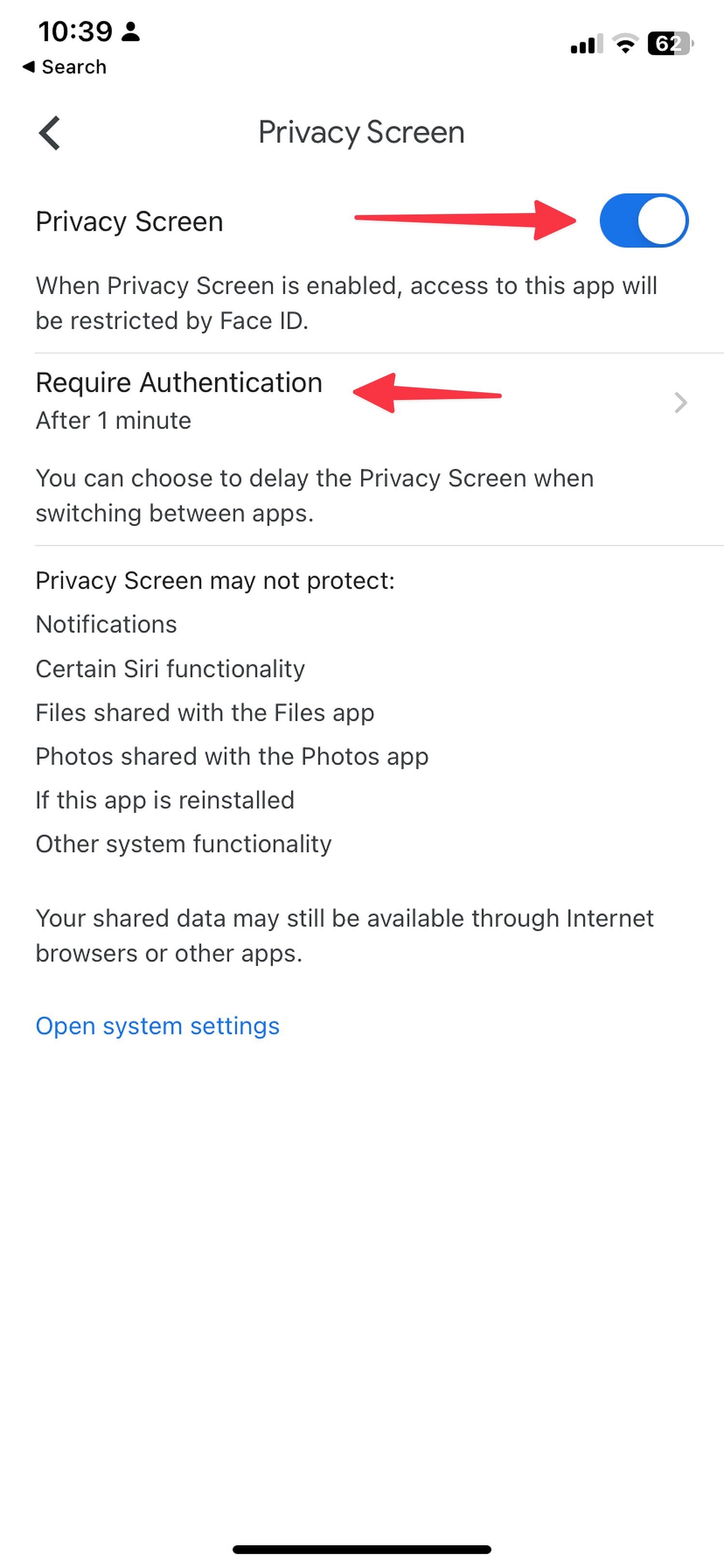 Select the time limit for Face ID authentication.