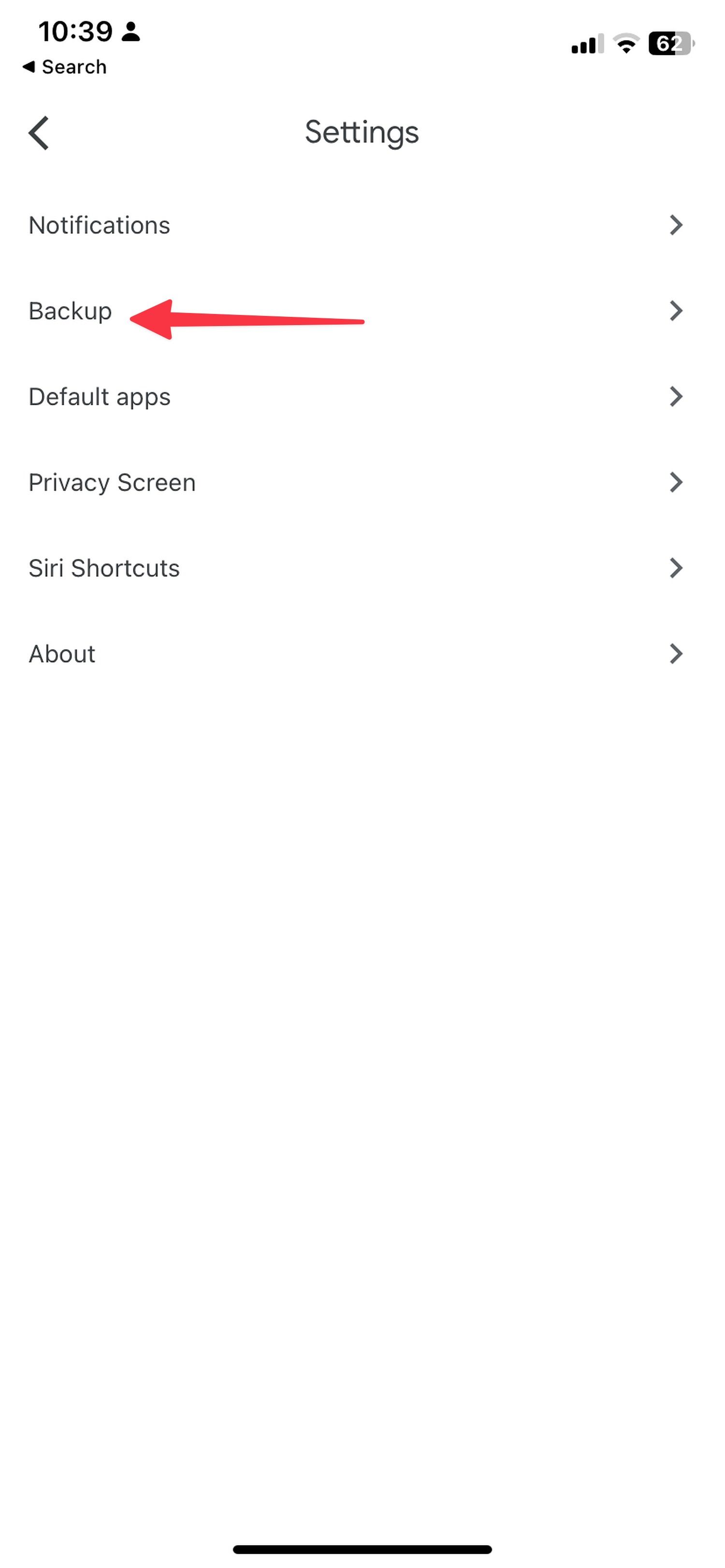 select Backup in the Google Drive Settings screen.