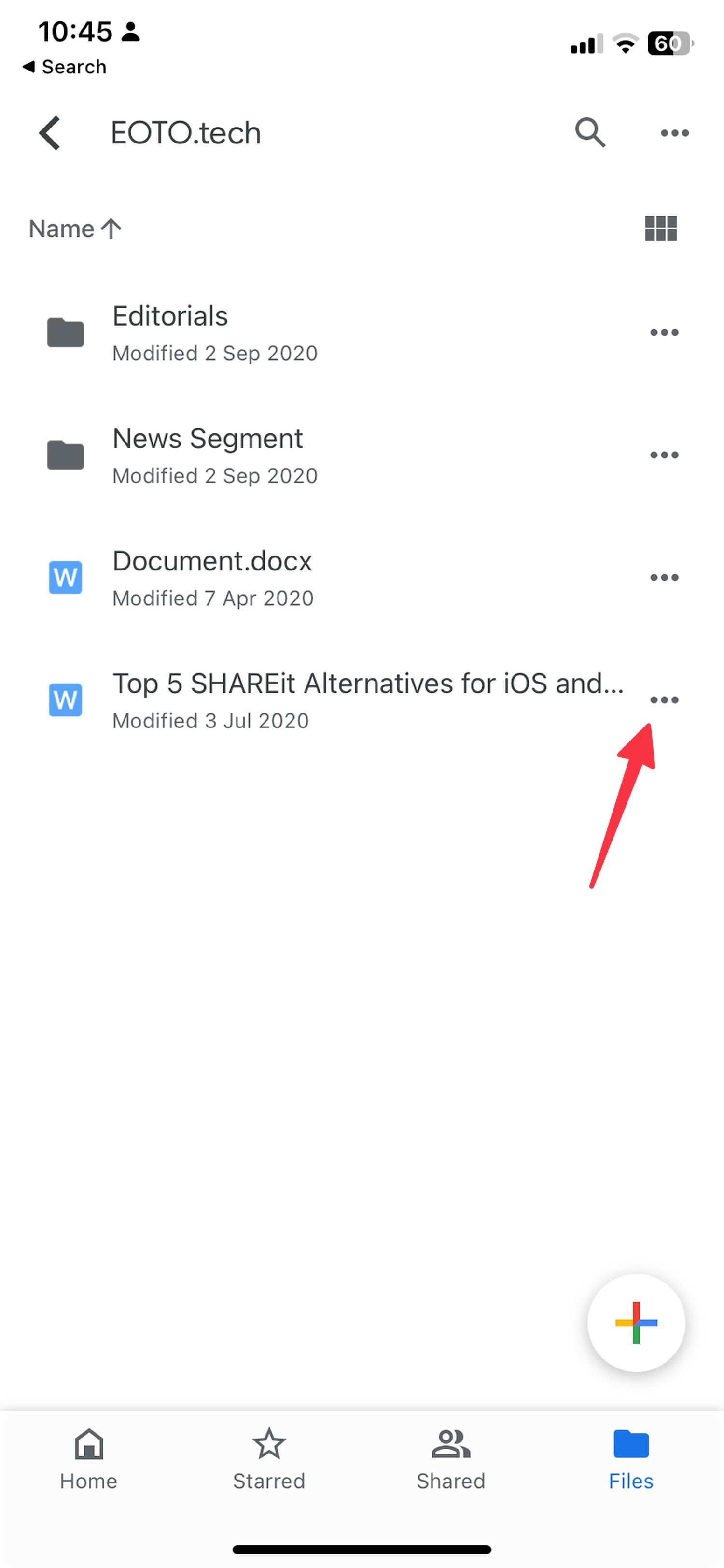 Open Google Drive, select a folder., and tap the three-dot menu.