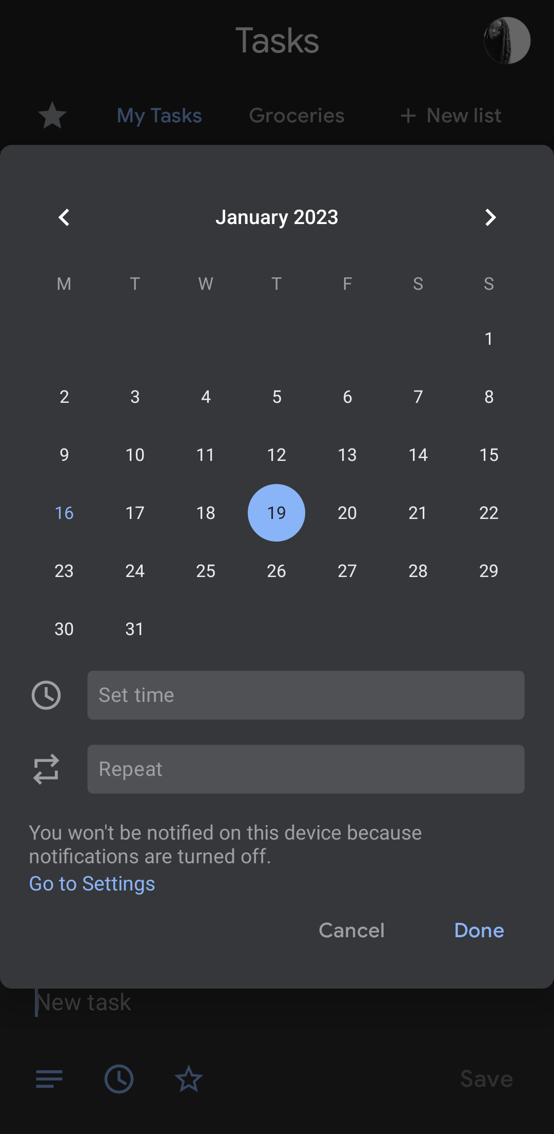 Setting the date for a new task on the Google Tasks mobile Android app
