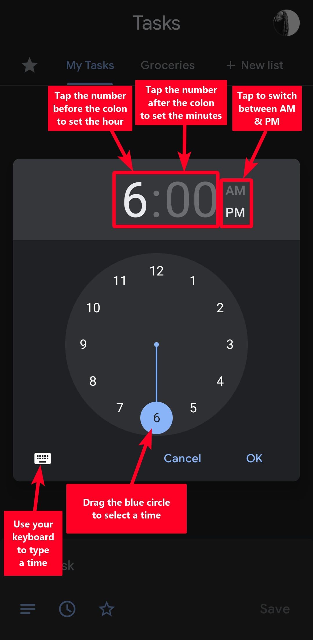 Setting the time for a new task on Google Task Android app