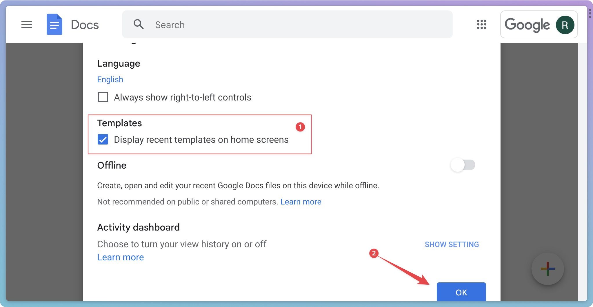 Google Docs Settings menu options showing Templates