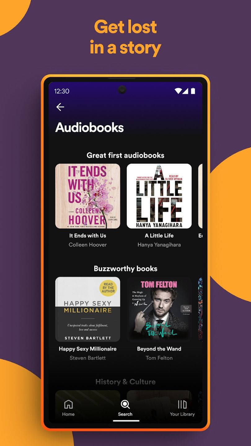 phone on purple background with orange circles showing audiobooks on spotify