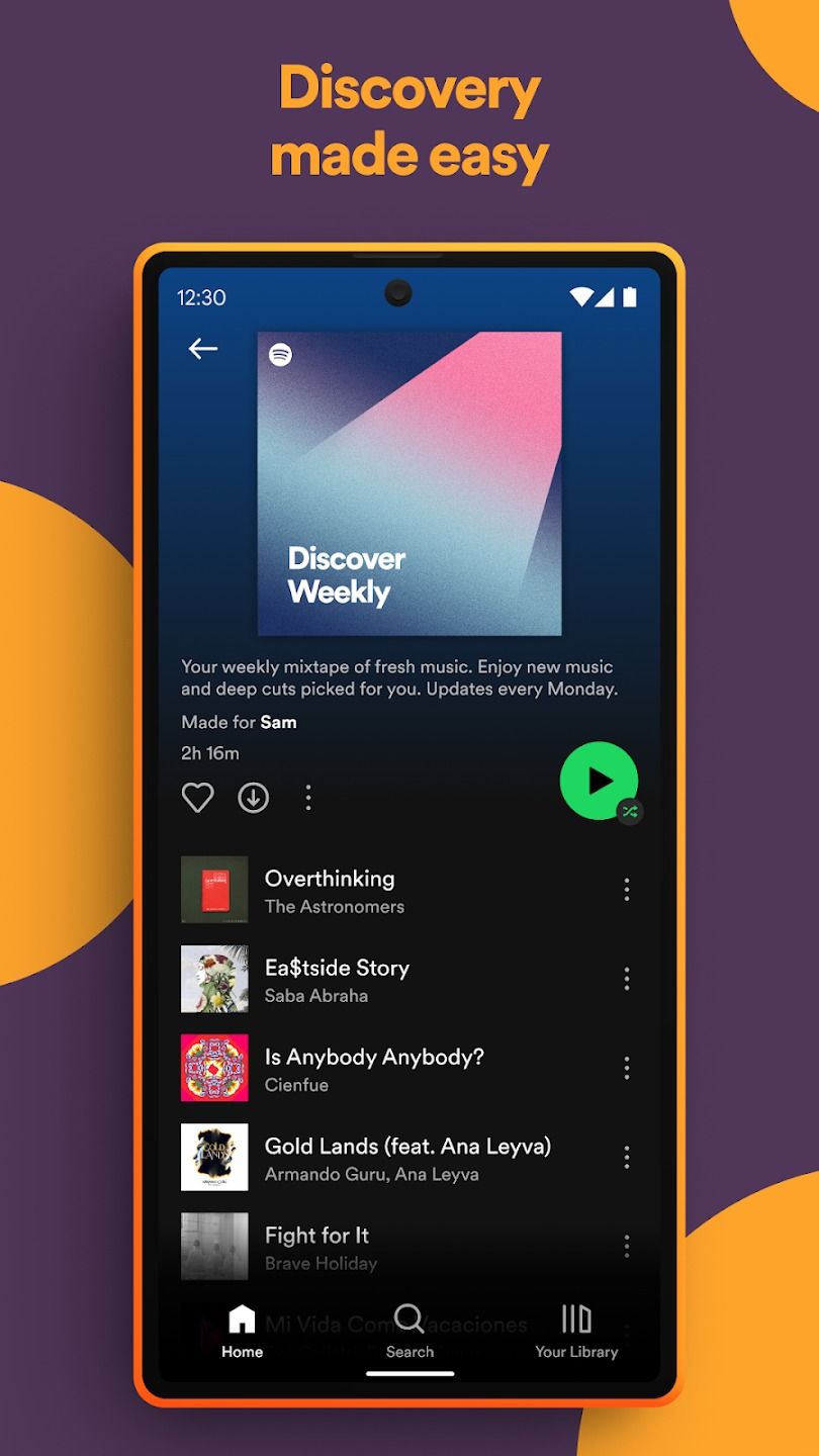 phone on purple background with orange circles showing a playlist on spotify