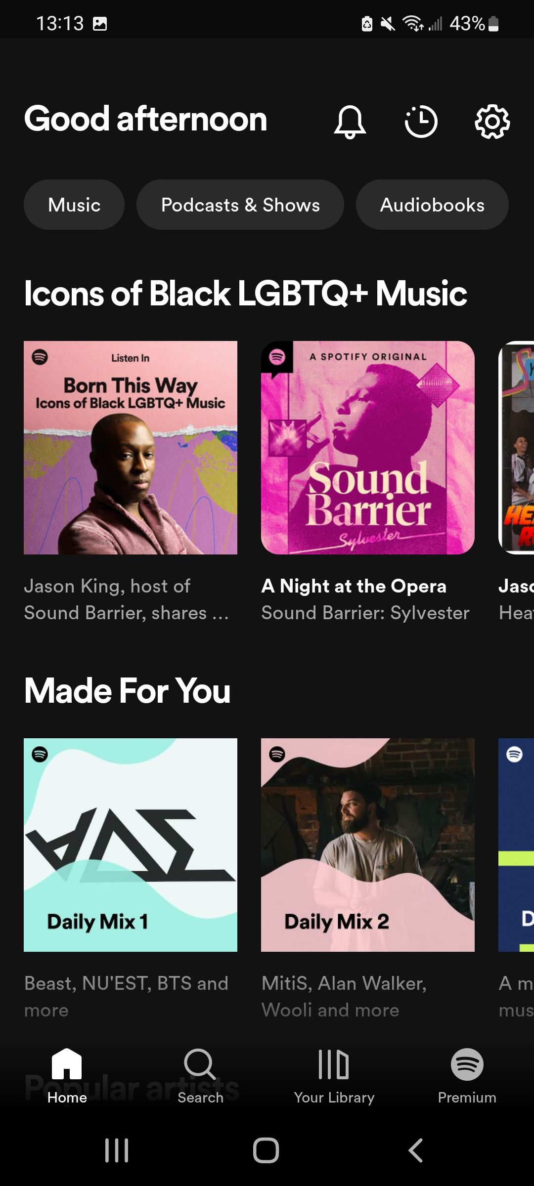 Screenshot of Spotify for Android's main app tab. The screen says 