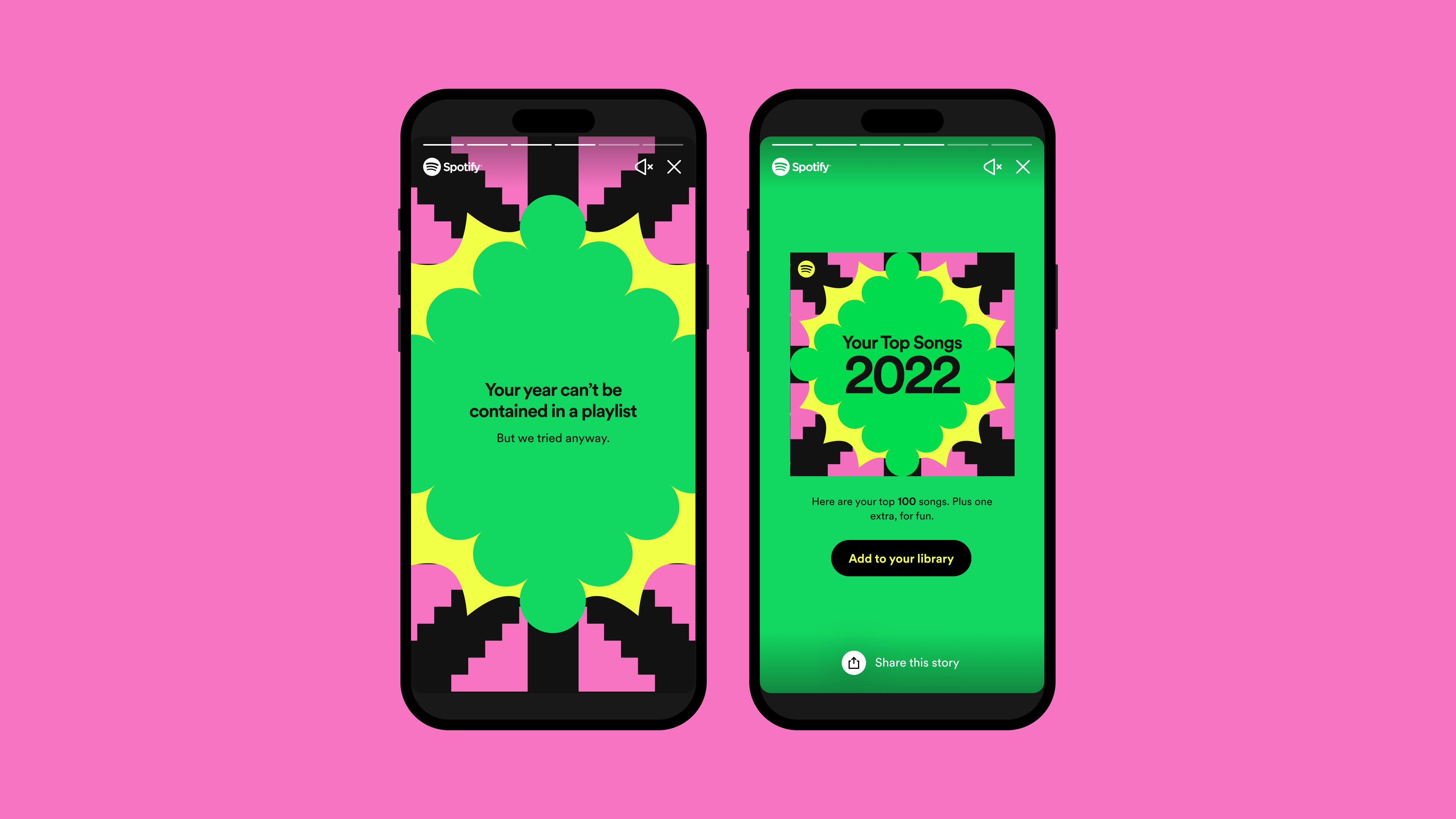 Two smartphones on a loyal red background. The telephones cover two displays from Spotify Wrapped 2022.