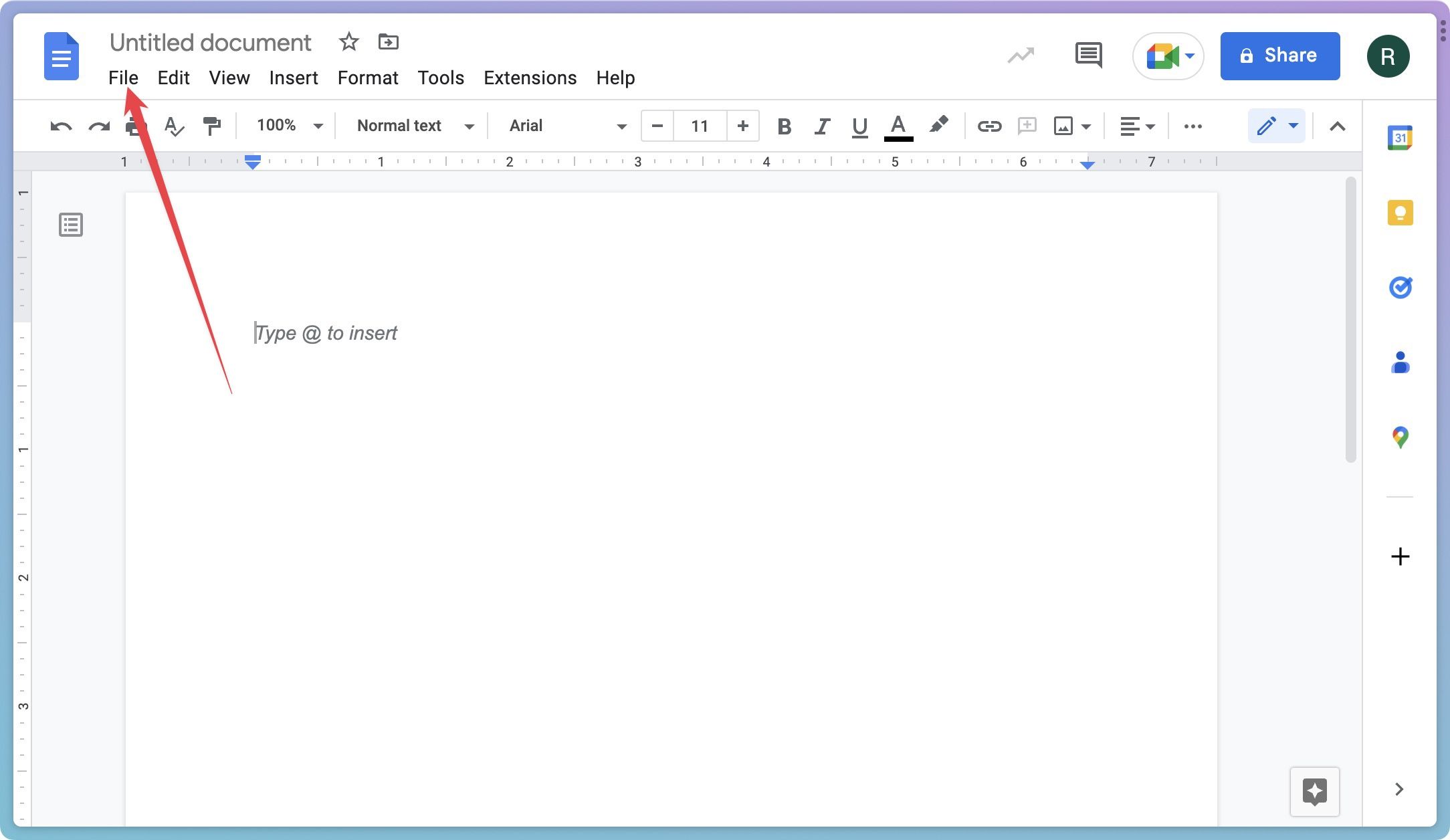 Google Docs document File menu