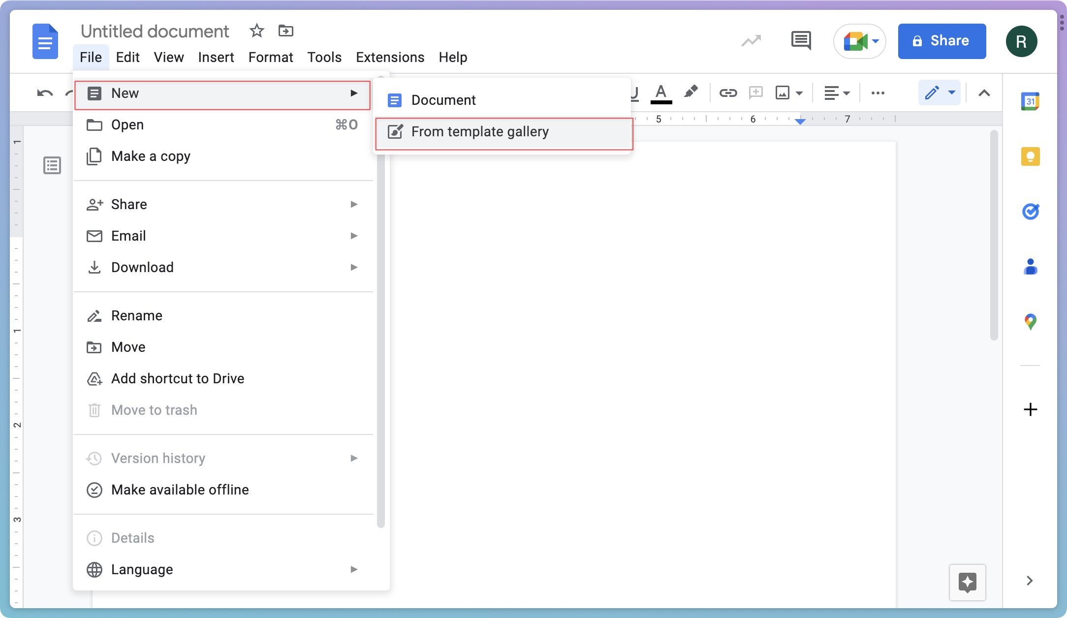 Google Docs document File menu showing how to find templates