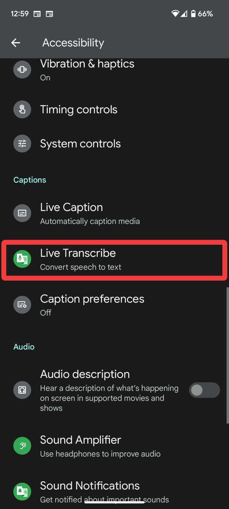 select Live Transcribe in Pixel Settings