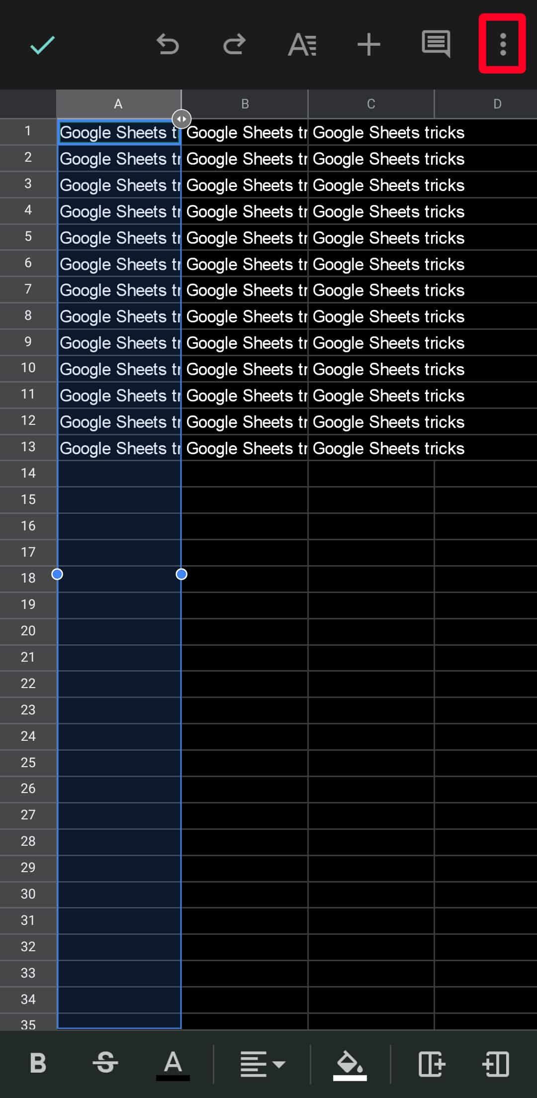 Three dots icon in Google Sheets mobile app