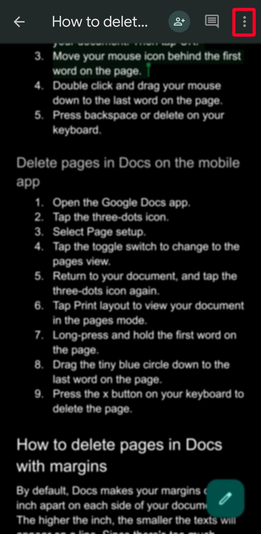 Three dots menu icon in Google Docs mobile app