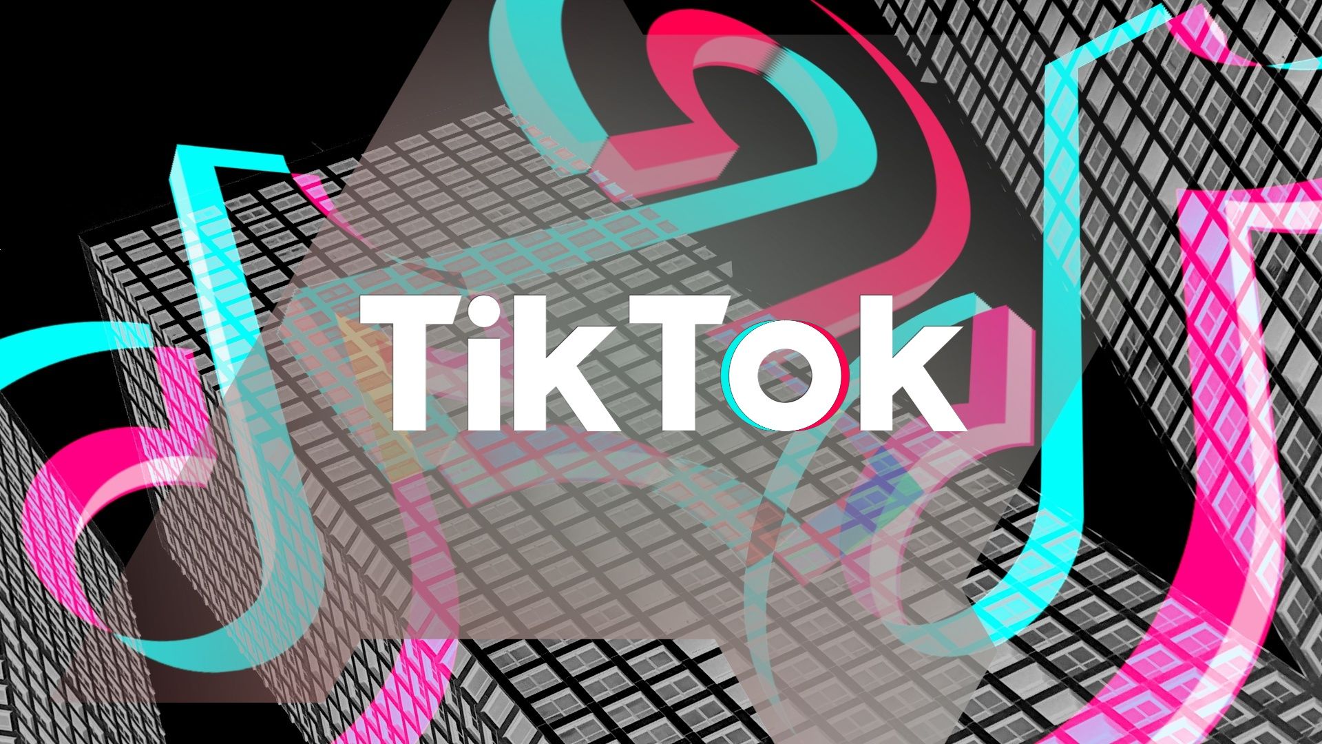 The TikTok logo against a skyscraper landscape