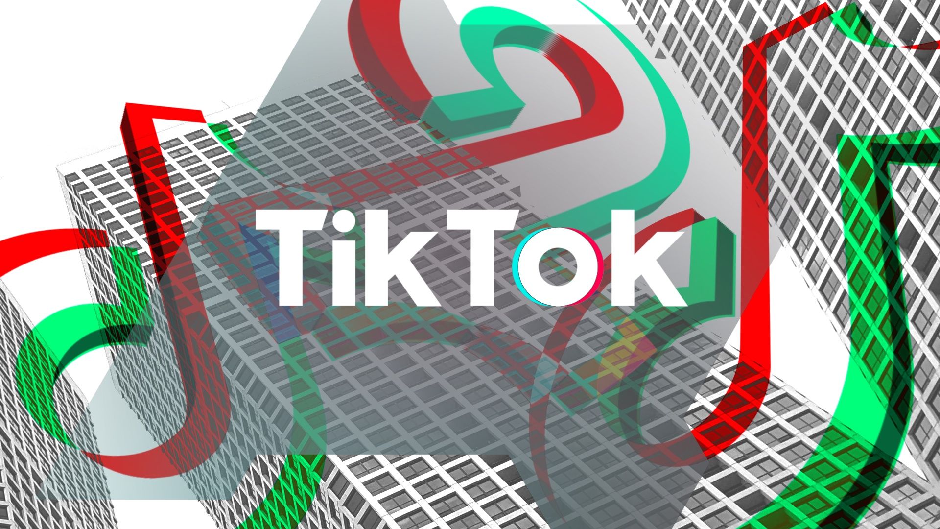 The TikTok logo against a grayscale image of buildings