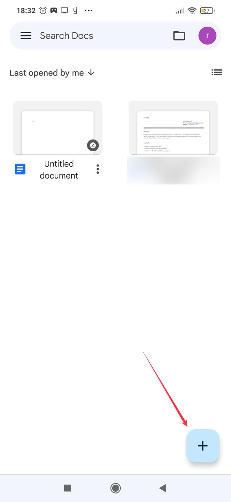 Google Docs Android app showing add document button
