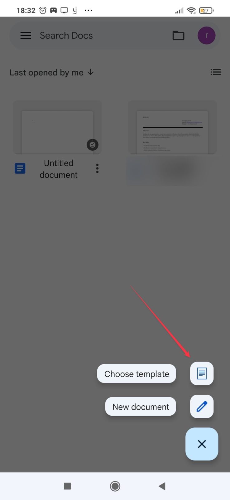 Google Docs Android app showing Choose template button