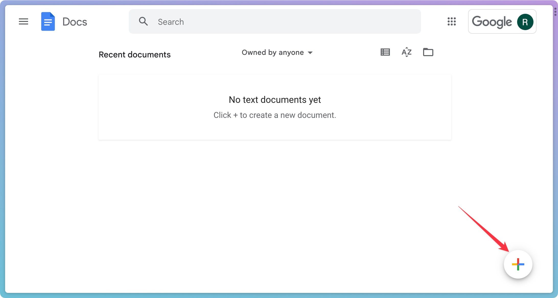 Google Docs home page screenshot showing the add document button