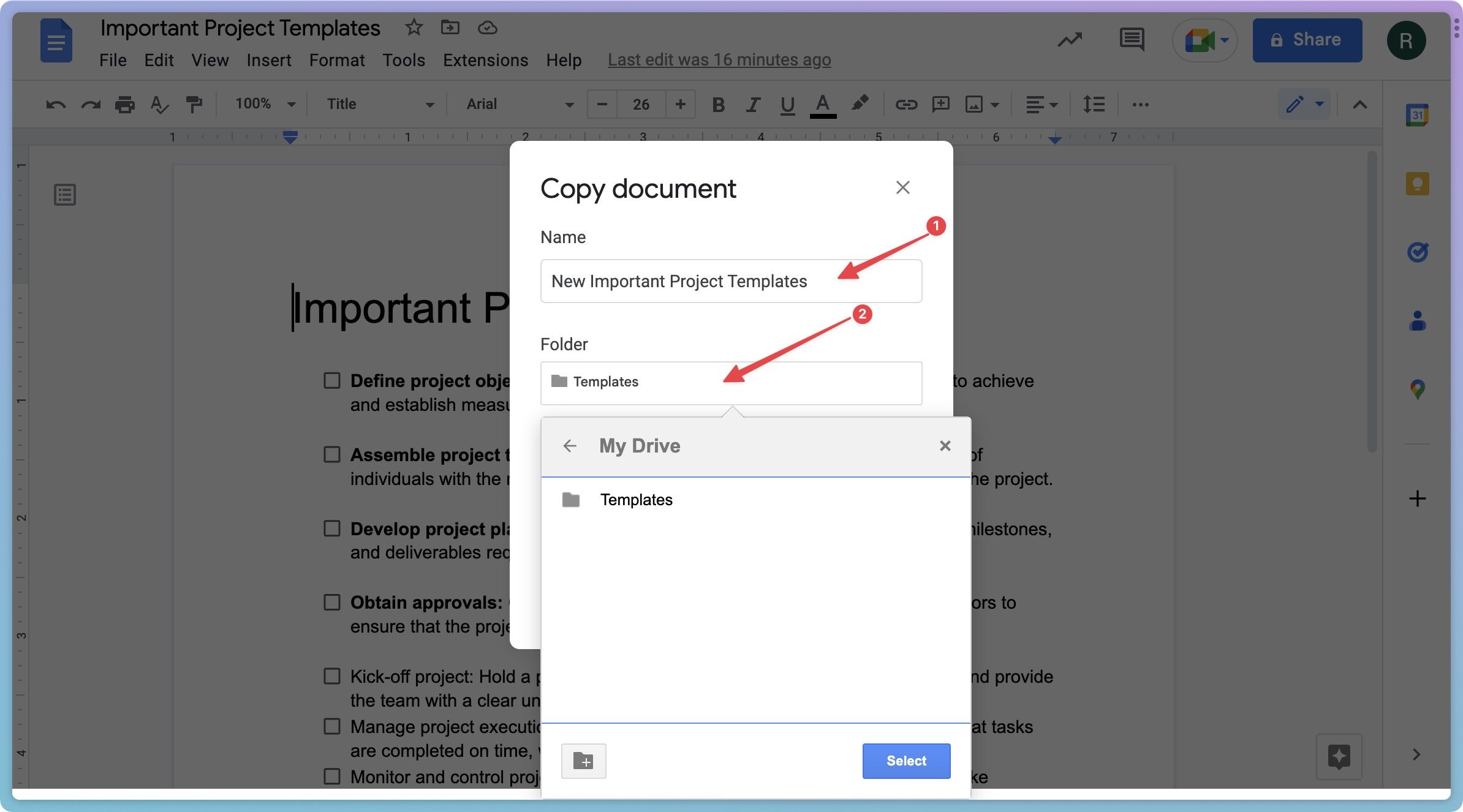 Screenshot showing the Copy document action interface