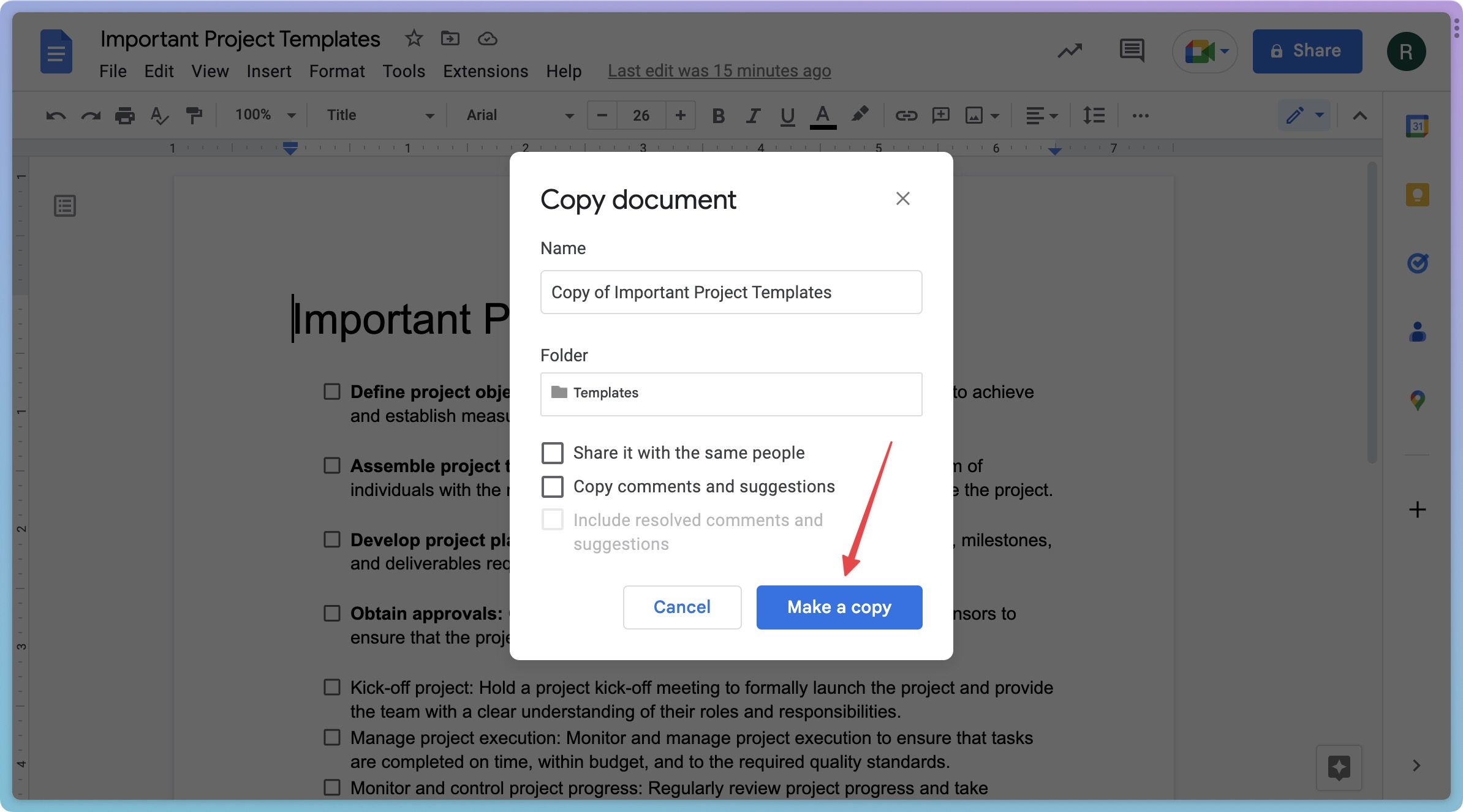Screenshot showing the final step to make a copy of a document
