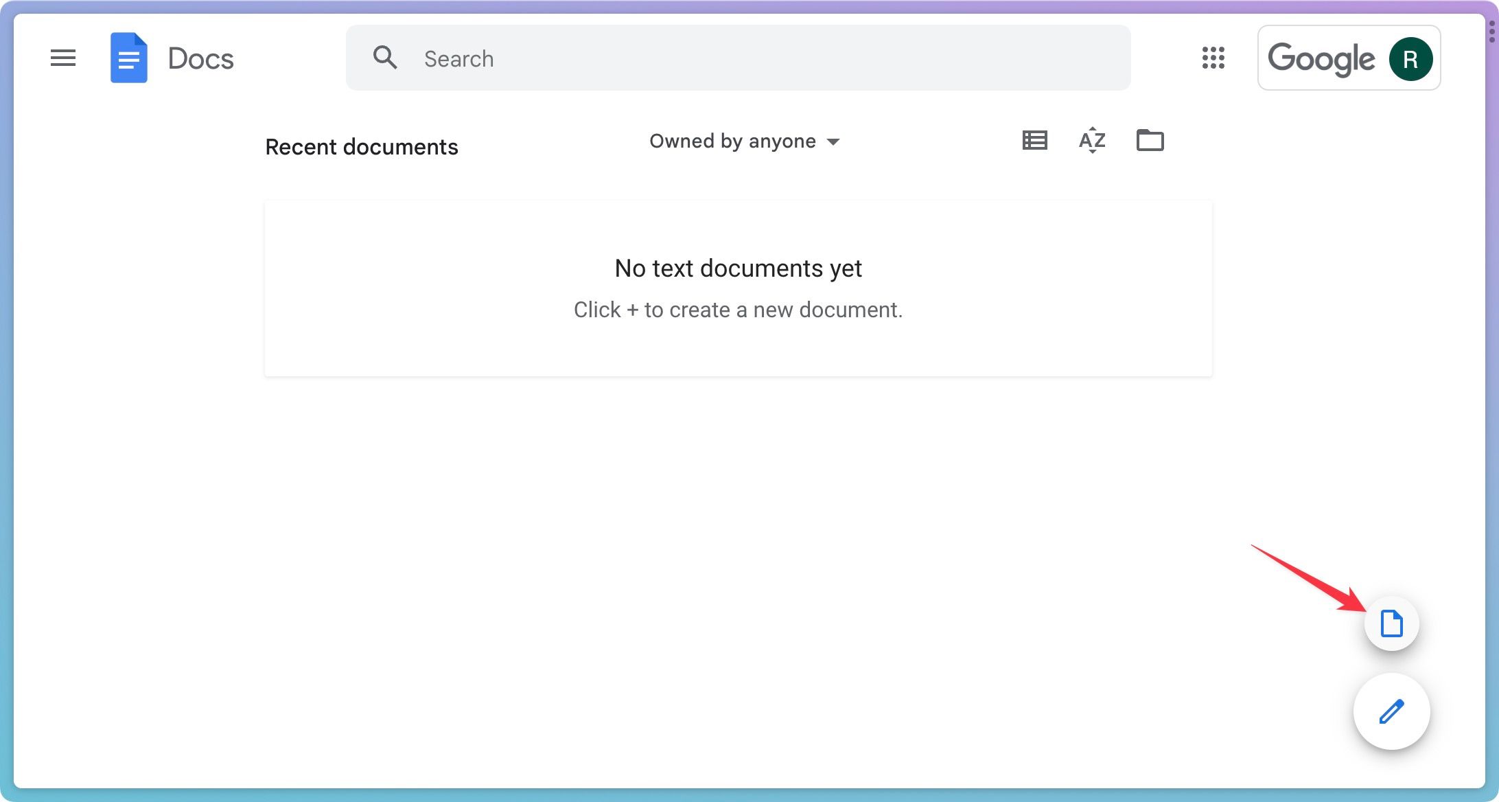 Google Docs homepage screenshot showing the choose template button
