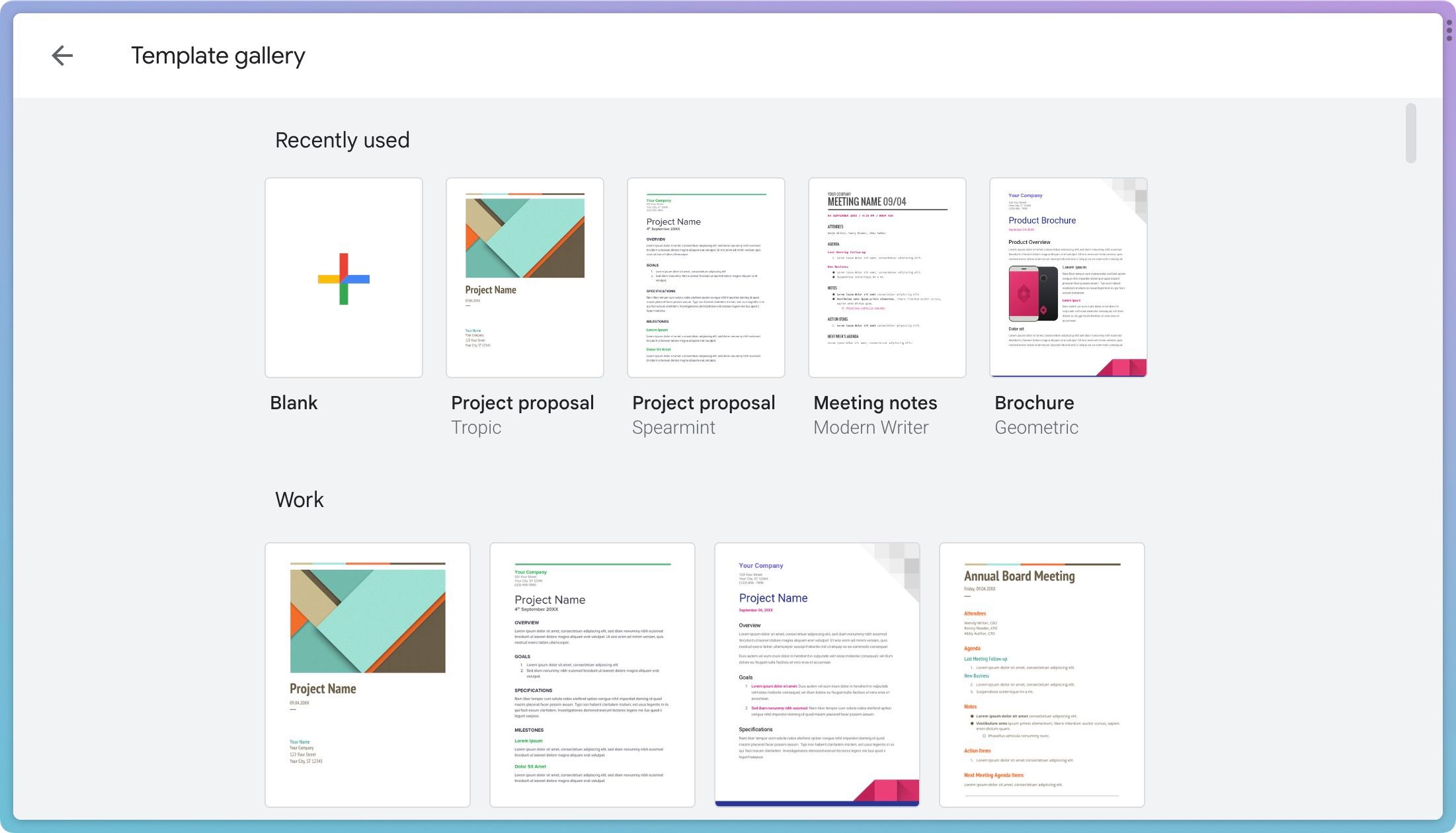 Google Docs template gallery