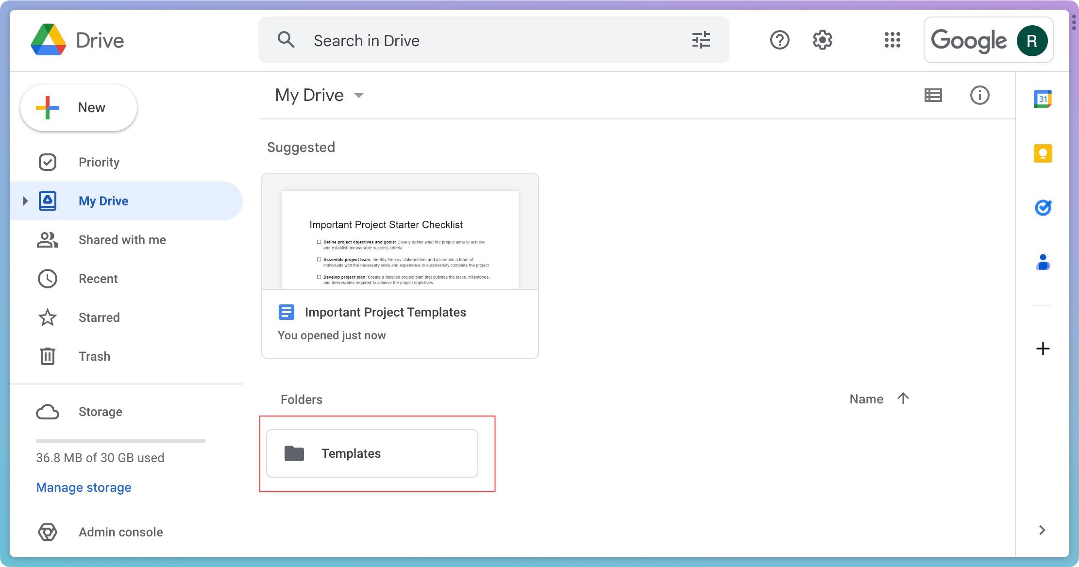 Google Drive screenshot showing the templates folder