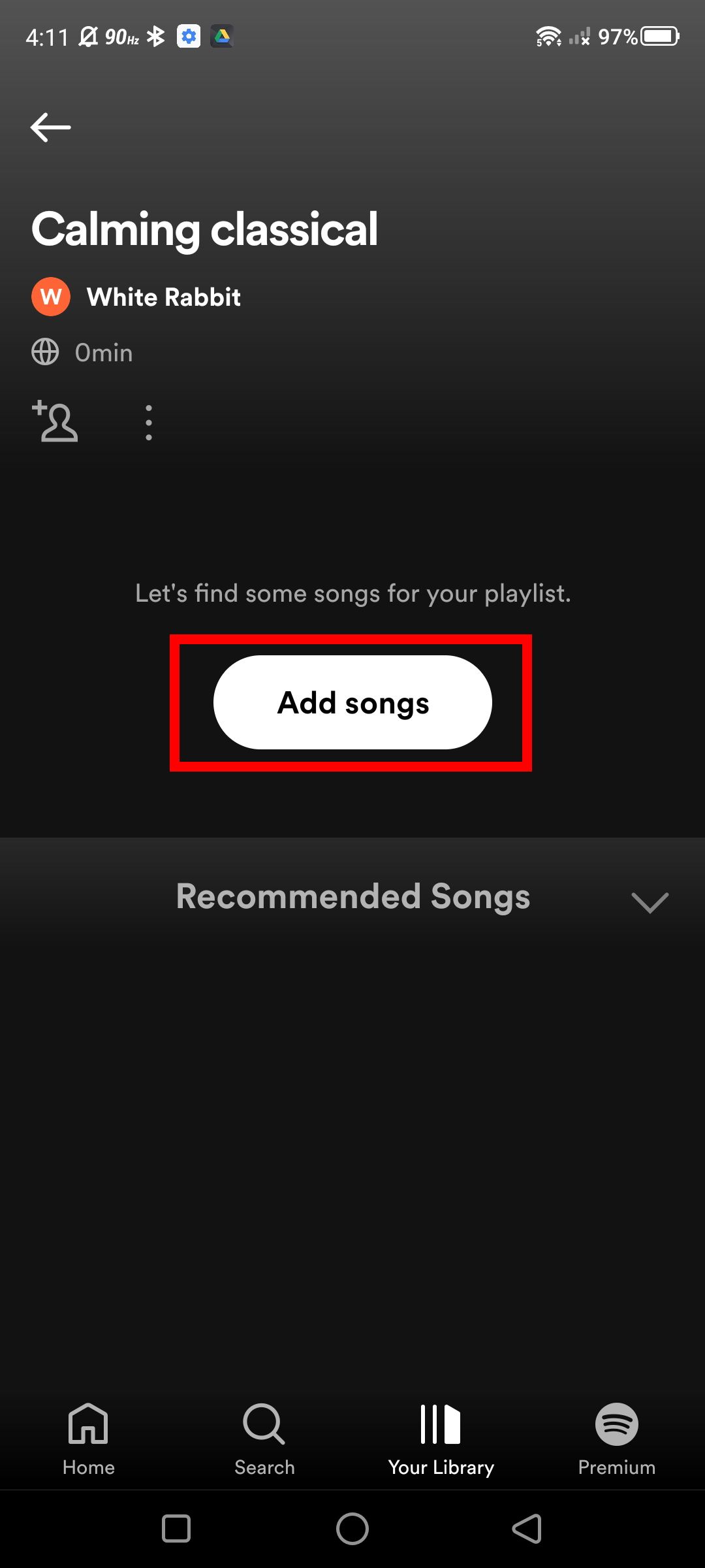 Screenshot of the add songs button in your Spotify playlist