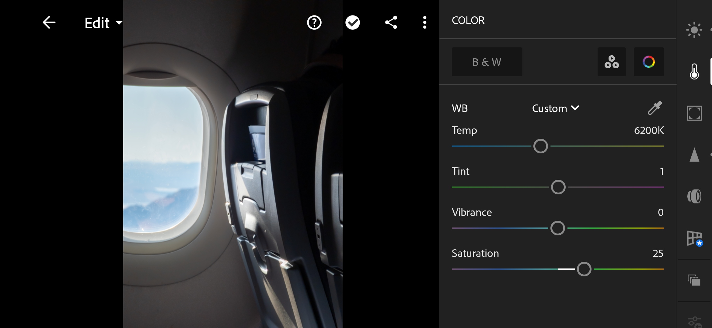 A screenshot of Adobe Lightroom Mobile's Color tools.