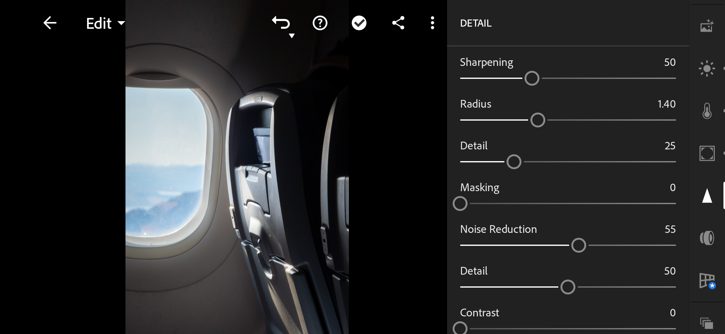 A screenshot of Adobe Lightroom Mobile's Detail tools.
