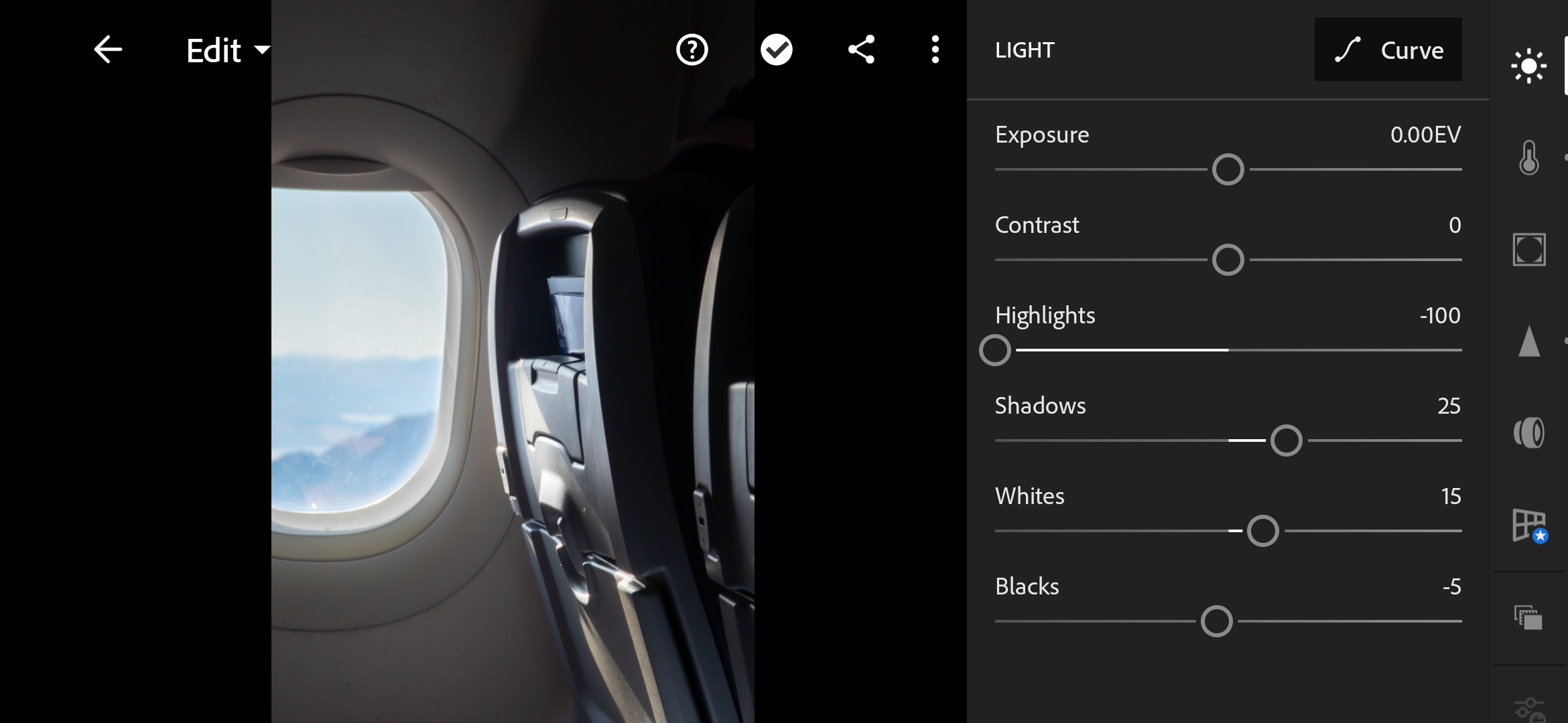 A screenshot of Adoble Lightroom Mobile's Light tools.