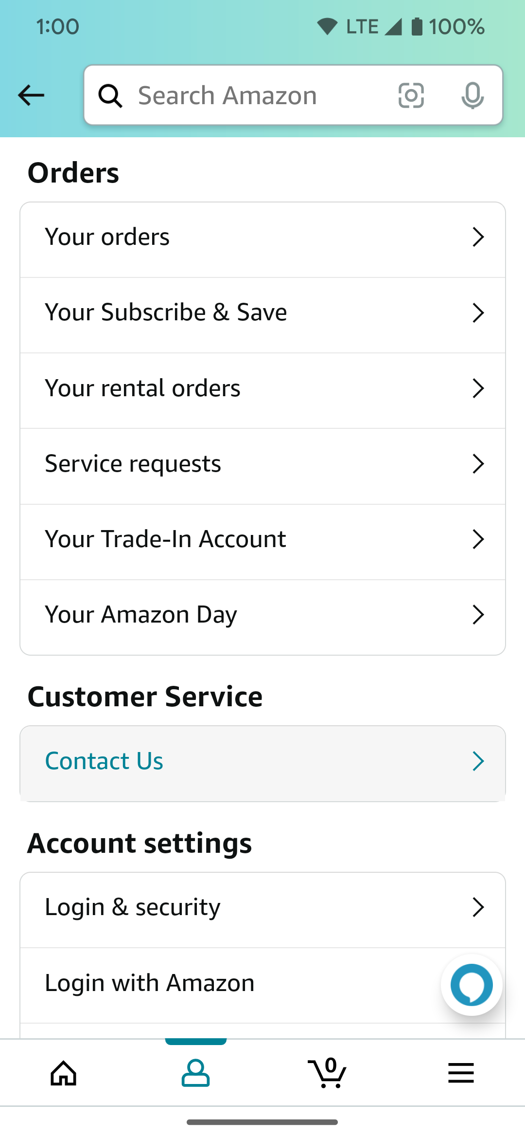 Tombol Hubungi Kami layanan pelanggan di aplikasi Amazon untuk Android