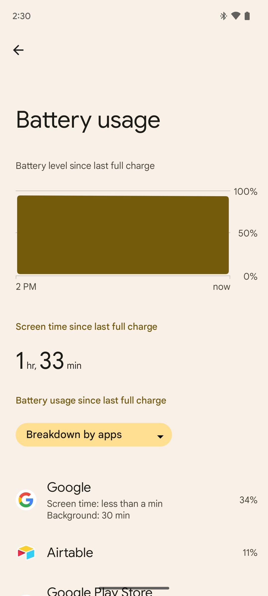 Layar penggunaan baterai Android 14 DP1