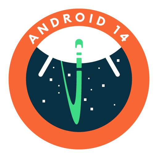 Logo Android 14 dengan bugdroid terbalik dan garis oranye