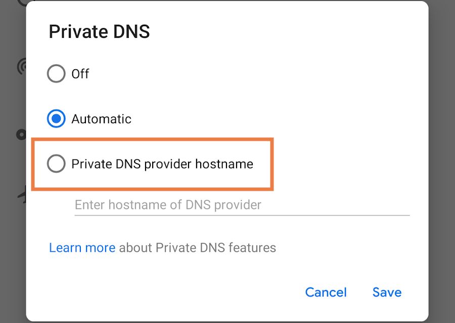 Selecionar o DNS privado fornece configuração de nome de host no Android.