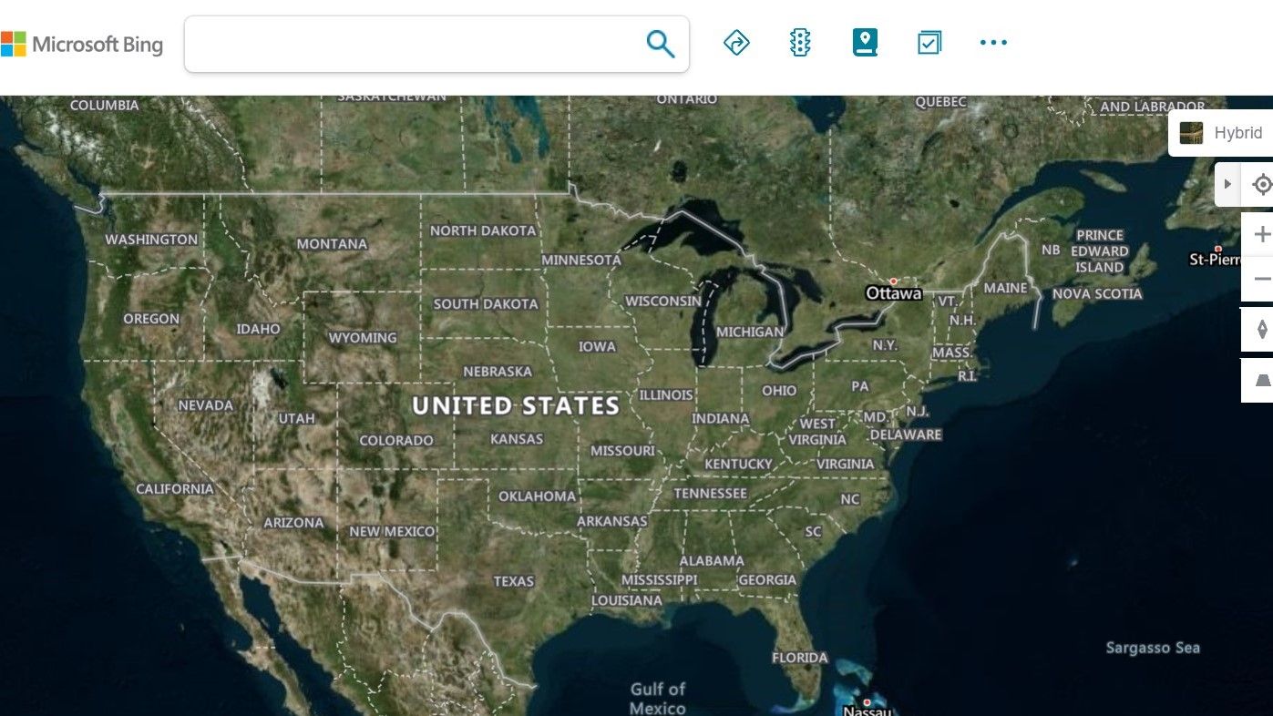 The hybrid view for the desktop version of Bing Maps in the US
