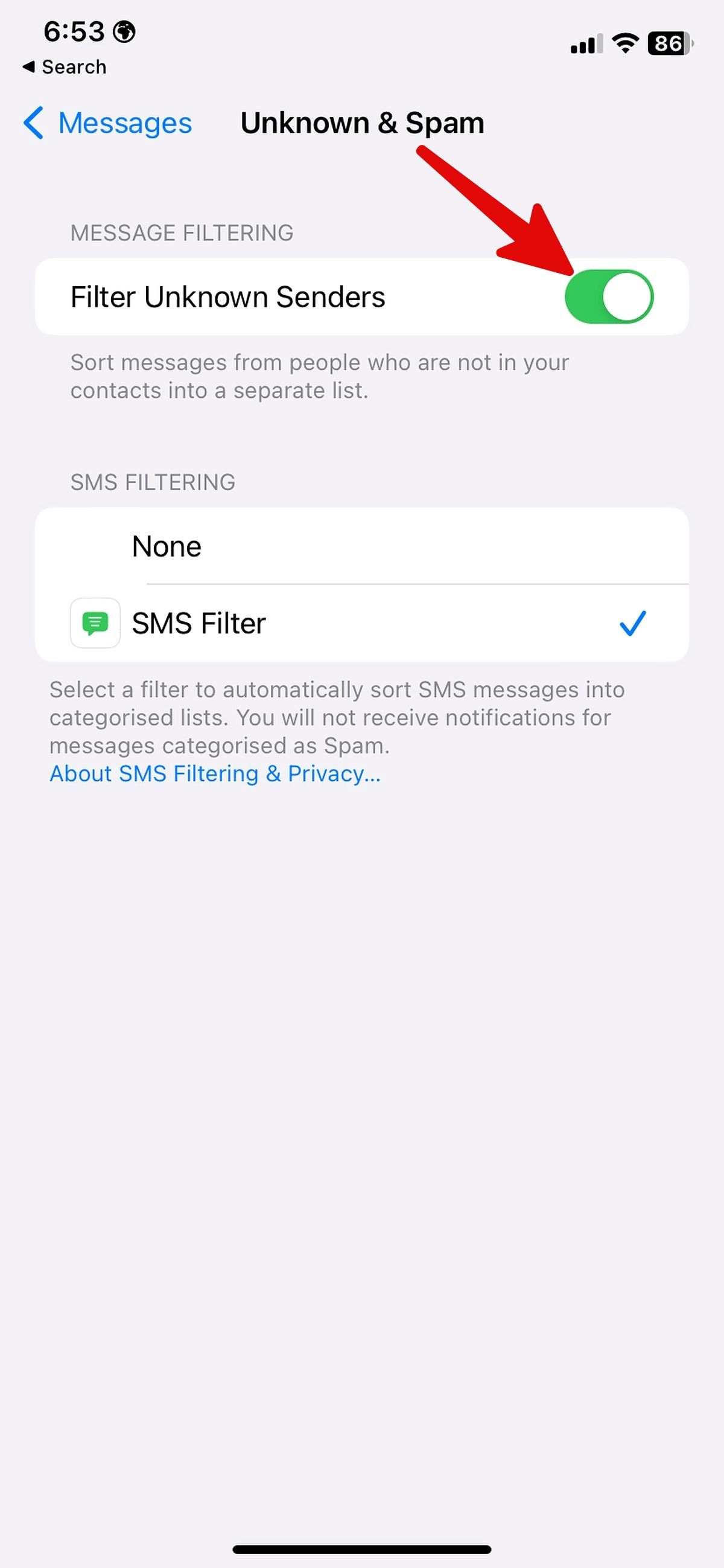 aktifkan filter SMS di Pesan