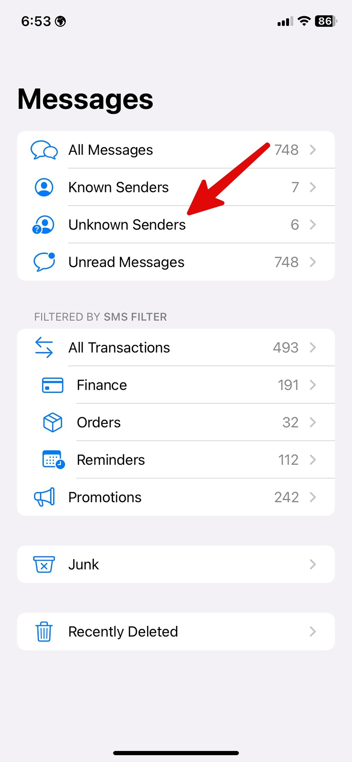 buka pengirim tidak dikenal dalam pesan di iPhone