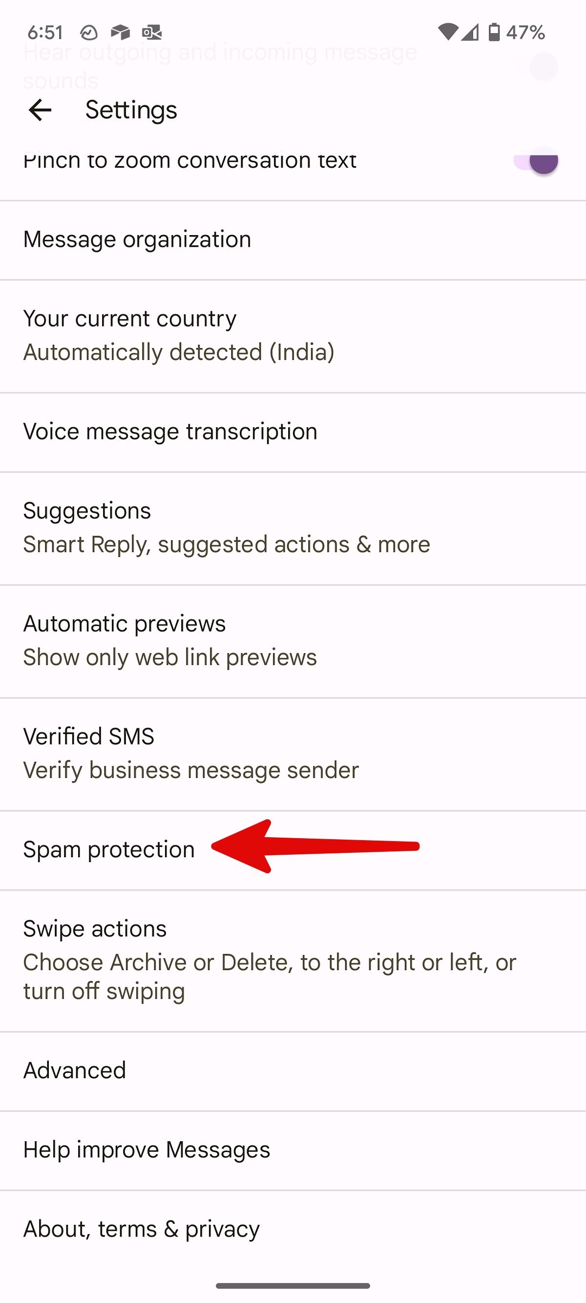 buka perlindungan spam di Pesan