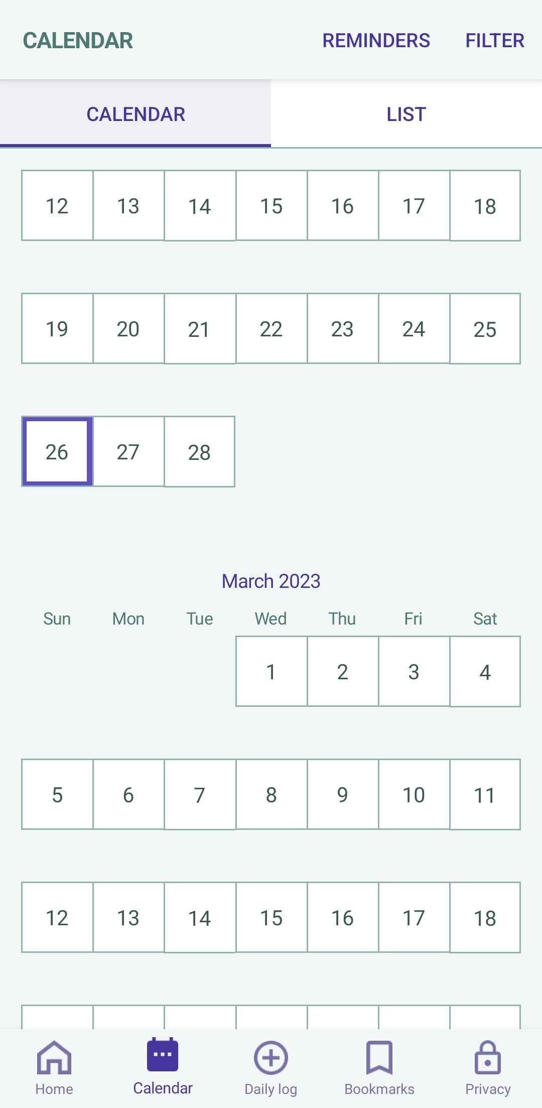 Kalender di aplikasi pelacak periode Euki